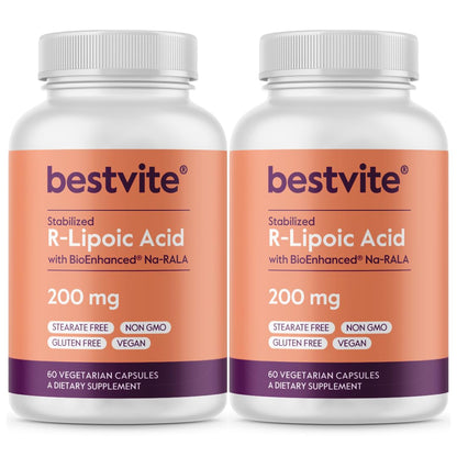 BESTVITE R-Lipoic Acid 200mg Stabilized with Bio-Enhanced Na-RLA (120 Vegetarian Capsules)(60x2) - No Stearates - No Fillers - Vegan - Gluten Free - Non GMO