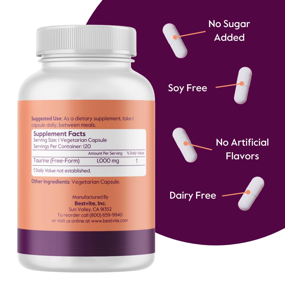 BESTVITE Taurine 1000mg (120 Vegetarian Capsules) - No Stearates - No Fillers - No Flow Agents - Vegan - Non GMO - Gluten Free (Pack of 2)