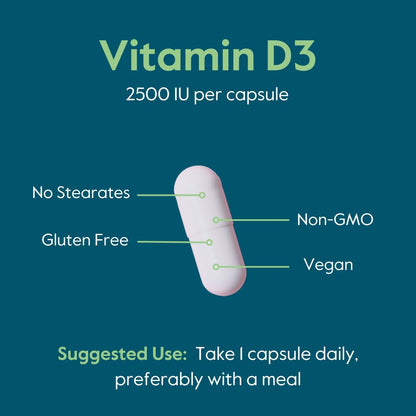 BESTVITE Vegan Vitamin D3 2500 IU - 120 Vegetarian Capsules | Vegan, Non-GMO, Gluten Free, No Stearates