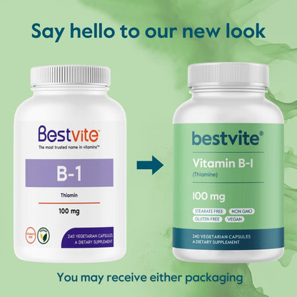 BESTVITE Vitamin B-1 100mg (240 Vegetarian Capsules) – Vegan, Non-GMO, Gluten Free – Pack of 2