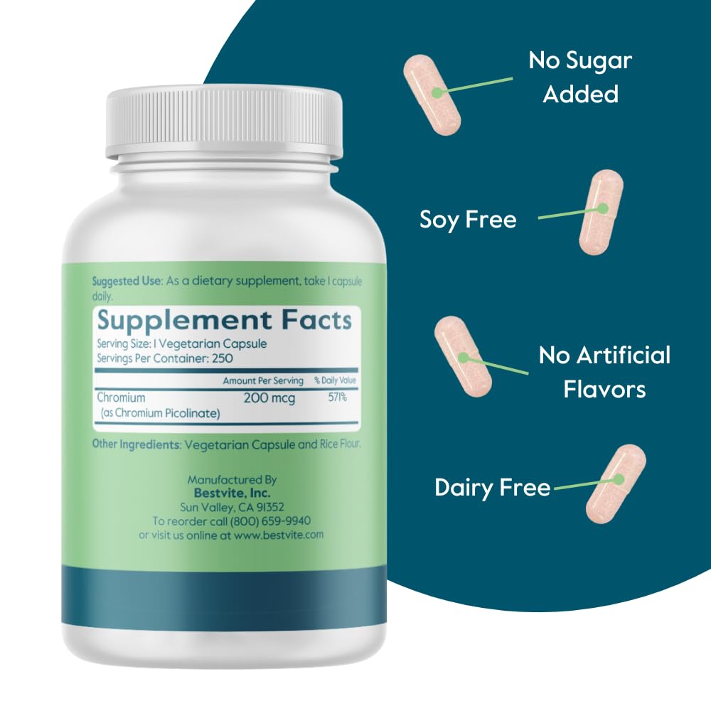 Bestvite Chromium Picolinate 200 mcg - 250 Vegetarian Capsules | Vegan, Gluten Free, Non-GMO | Pack of 2