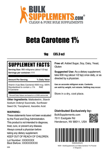 BulkSupplements Beta Carotene Powder – Vitamin A for Immune & Vision Support | Gluten Free, 900 mg/Serving, 1kg