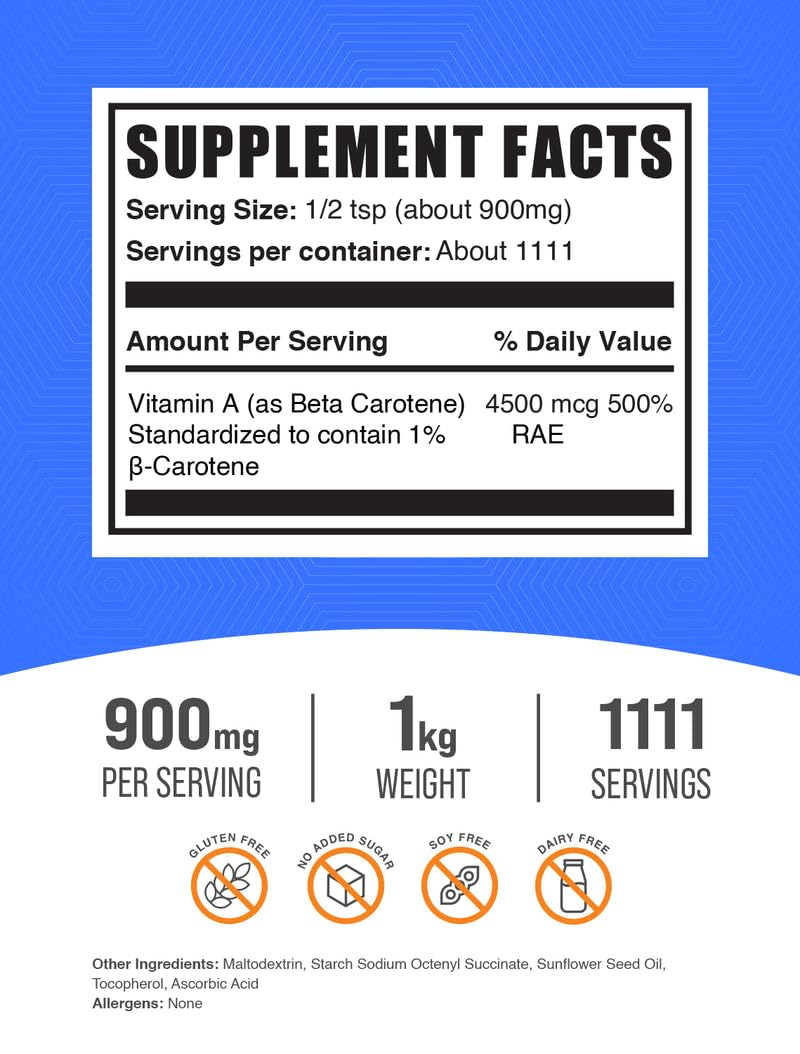 BulkSupplements Beta Carotene Powder – Vitamin A for Immune & Vision Support | Gluten Free, 900 mg/Serving, 1kg