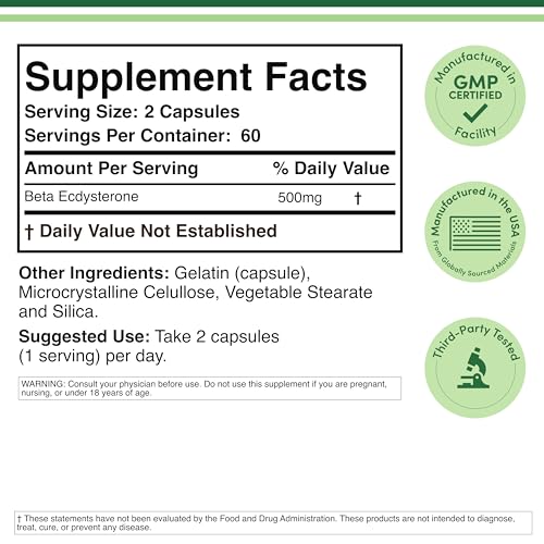 Double Wood Beta Ecdysterone Supplement - 500mg per Serving, 60 Servings, Non-GMO & Gluten Free