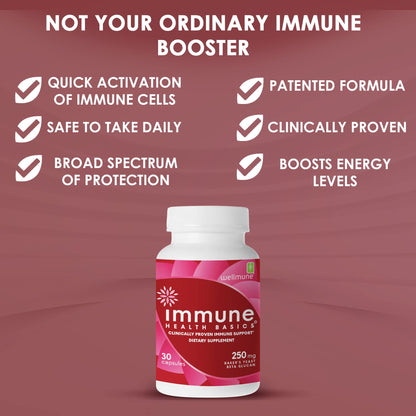 Immune Health Basics Ultra Strength Immunity - Clinically Proven Immune Support - Wellmune Highly Purified Beta Glucan - Gluten-Free, Non-allergenic, Non-GMO and Vegan Capsules - 30 Capsules, 250 mg