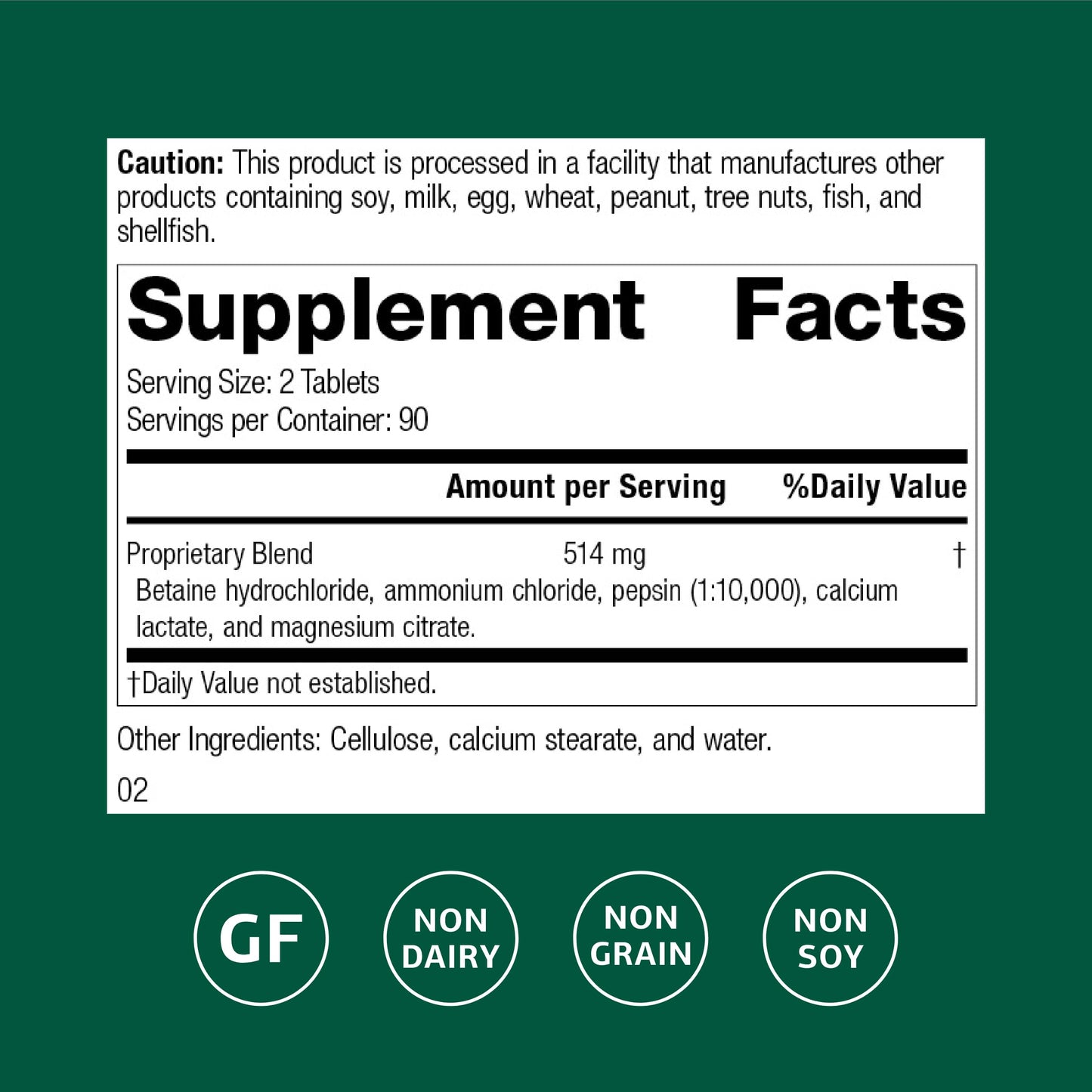 Betaine Hydrochloride Supplement 180 Tablets | Digestive pH Support & Iron Absorption - Gluten-Free