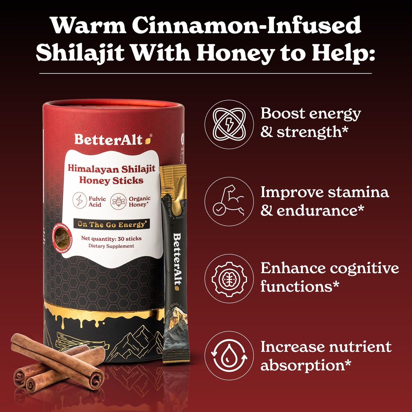 Better Alt Himalayan Shilajit Cinnamon Honey Sticks – 30 Sticks for Energy & Immunity