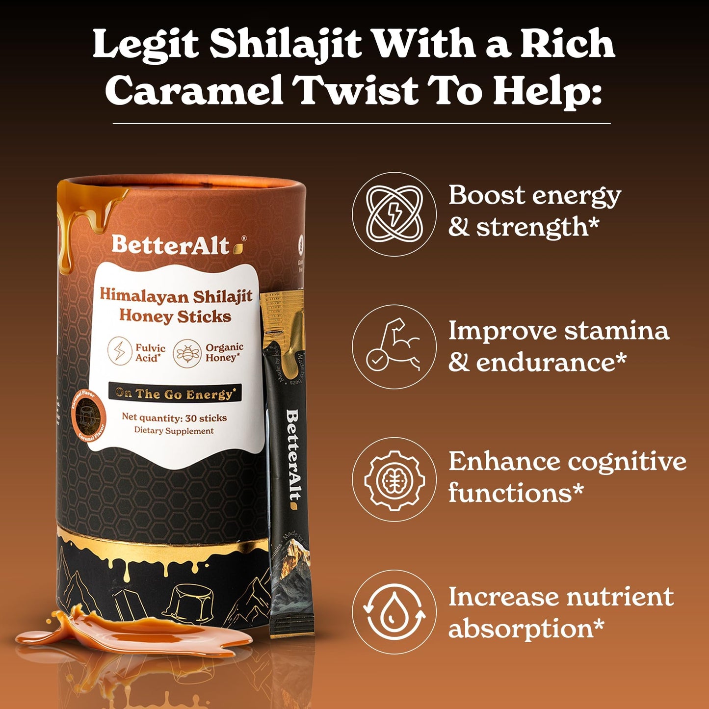 Better Alt Himalayan Shilajit + Honey Sticks – 30 Sticks for Energy, Immunity & Wellness | 85+ Trace Minerals, 75%+ Fulvic Acid