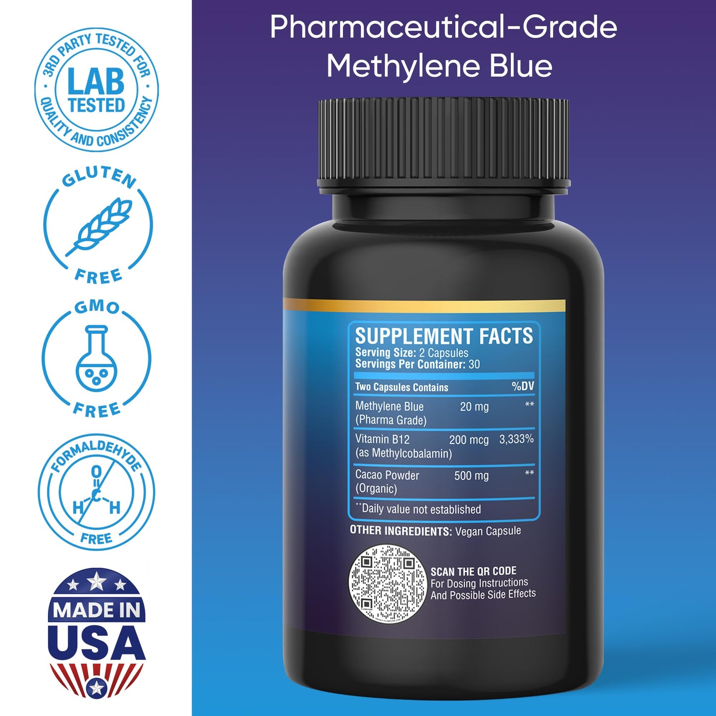 BETTER LIFE LAB Methylene Blue Capsules – Pharmaceutical-Grade Formula – 60 Count – Brain, Energy & Cellular Health
