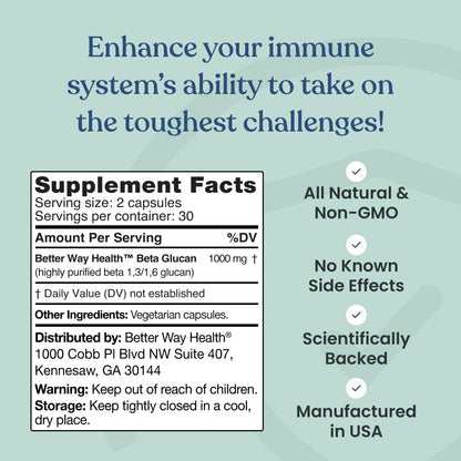Better Way Health Beta Glucan 500 - Highly Purified 1,3/1,6 Glucan, 500 mg, 60 Capsules