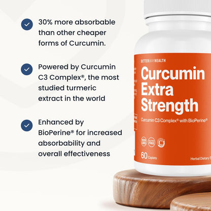 Better Way Health Curcumin Extra Strength 1000mg - Turmeric Curcumin C3 Complex + BioPerine Black Pepper for Joint & Immune Health - 60 Caplets