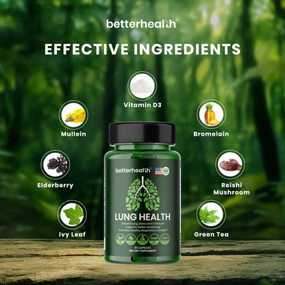 BetterHealth Lung Health Daily – Mullein Leaf, Vitamin D3, Elderberry | Respiratory Support (60 Capsules)