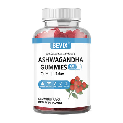 BEVIX Ashwagandha Gummies with Vitamin D - Gluten Free Stress Relief & Immune Support | 60 Count