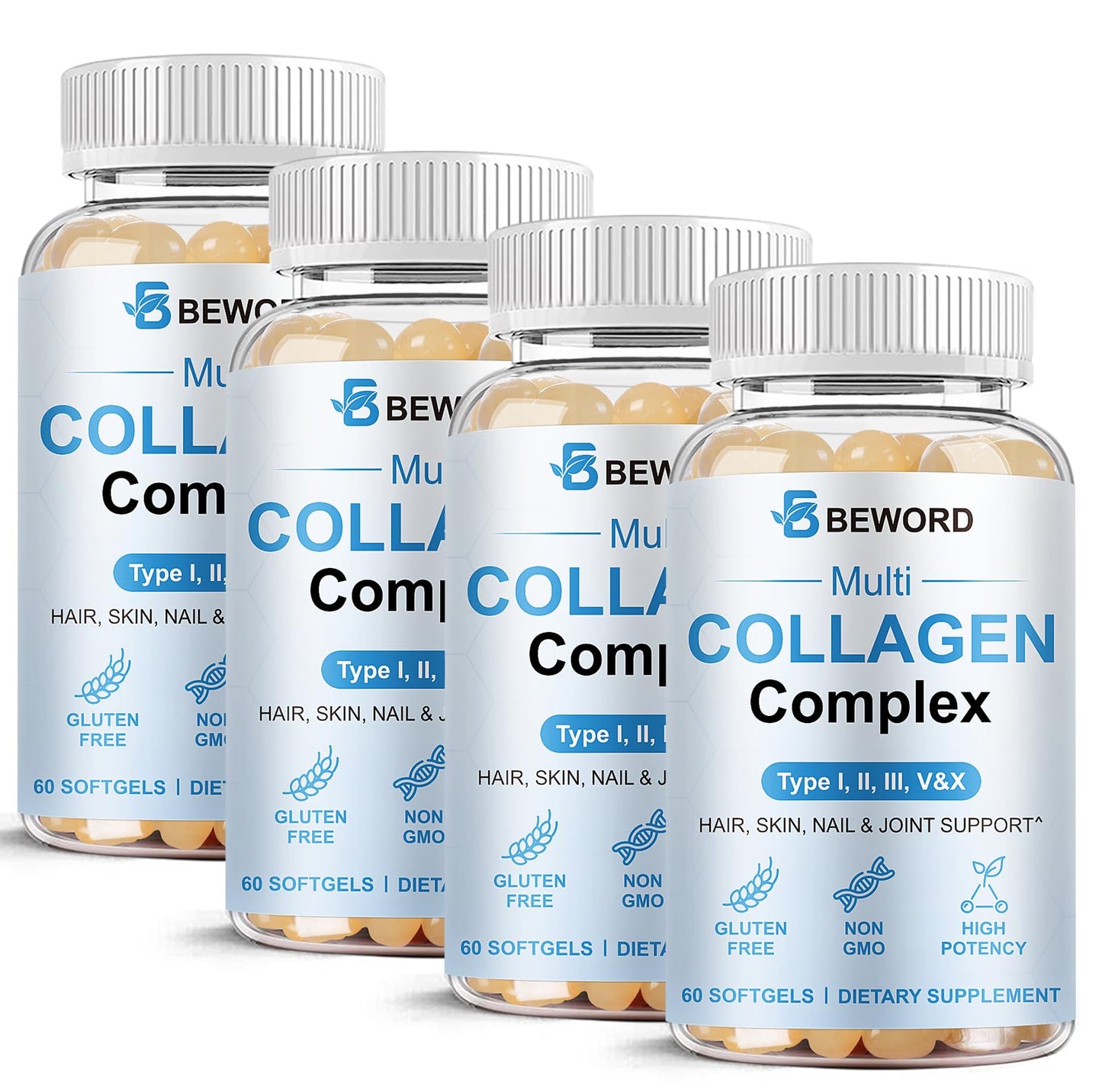 BEWORD Multi Collagen Softgels – 240 Capsules, 4-Pack | Type I, II, III, V, X + Vitamin C & Hyaluronic Acid