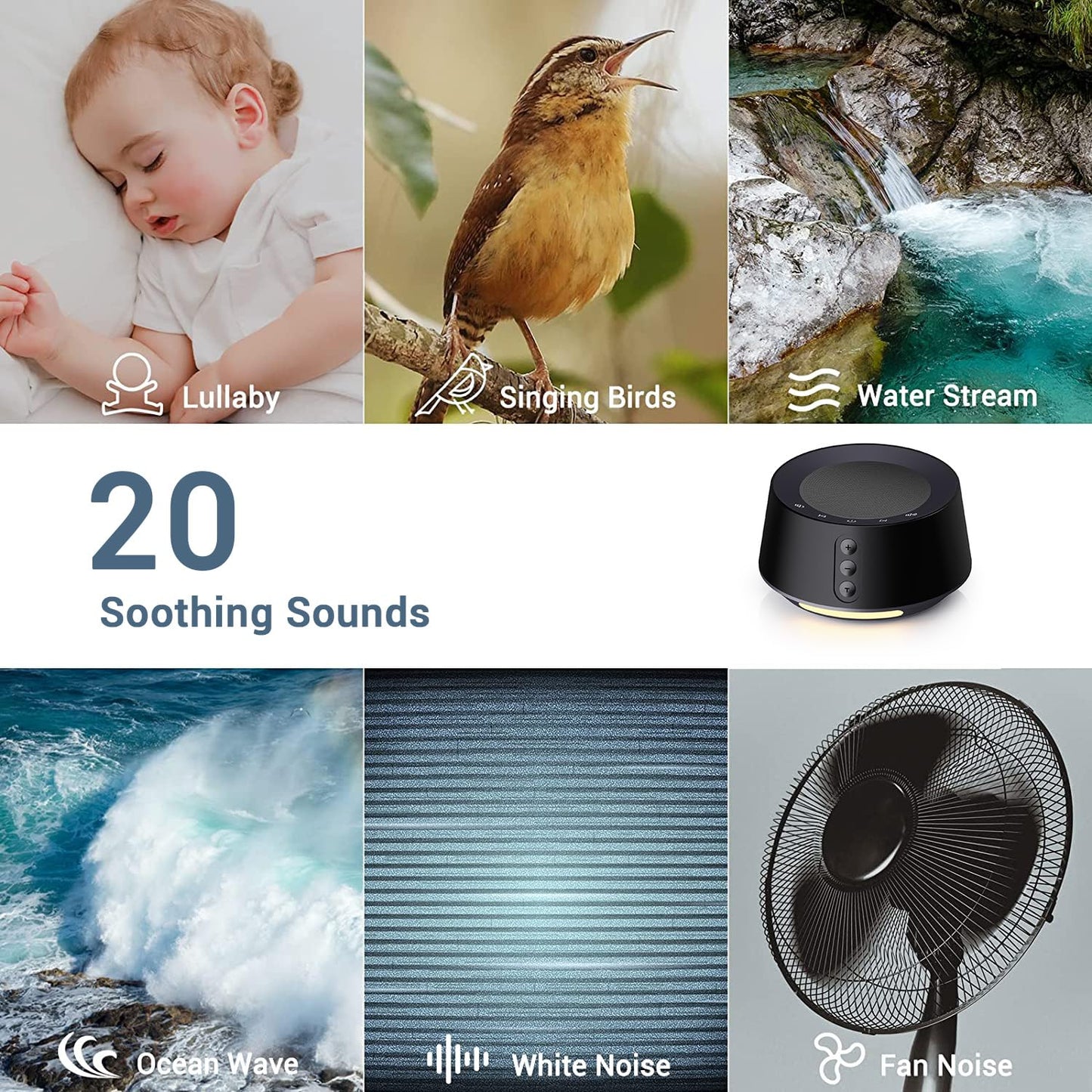 BGOVERSS White Noise Sound Machine — 20 Sounds, 10 Night Light Colors, 5 Timers
