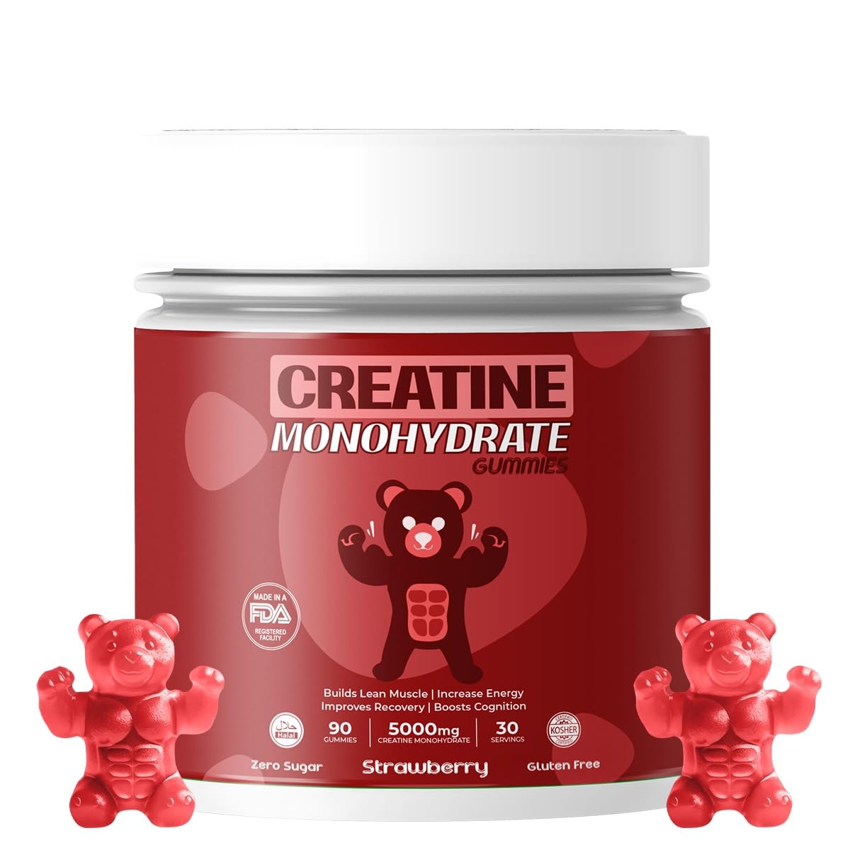 Big Bear Bites Creatine Monohydrate Gummies – 5000mg per Serving – Sugar Free, Gluten Free & Halal – 90 Gummies – Strawberry Flavor