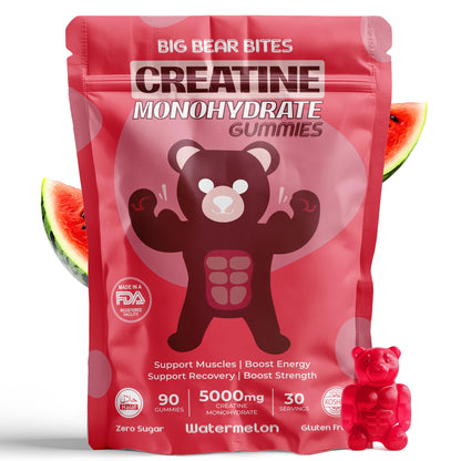 Big Bear Bites Creatine Monohydrate Gummies – Watermelon, 5000mg/Serving | 90 Gummies | Sugar & Gluten Free | Halal
