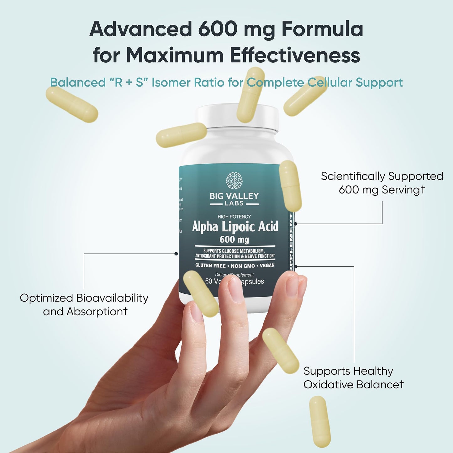 Big Valley Labs Alpha-Lipoic Acid 600 mg – High-Potency Antioxidant for Cellular Health & Energy Metabolism – Vegan, Non-GMO, Gluten-Free | 60 Capsules