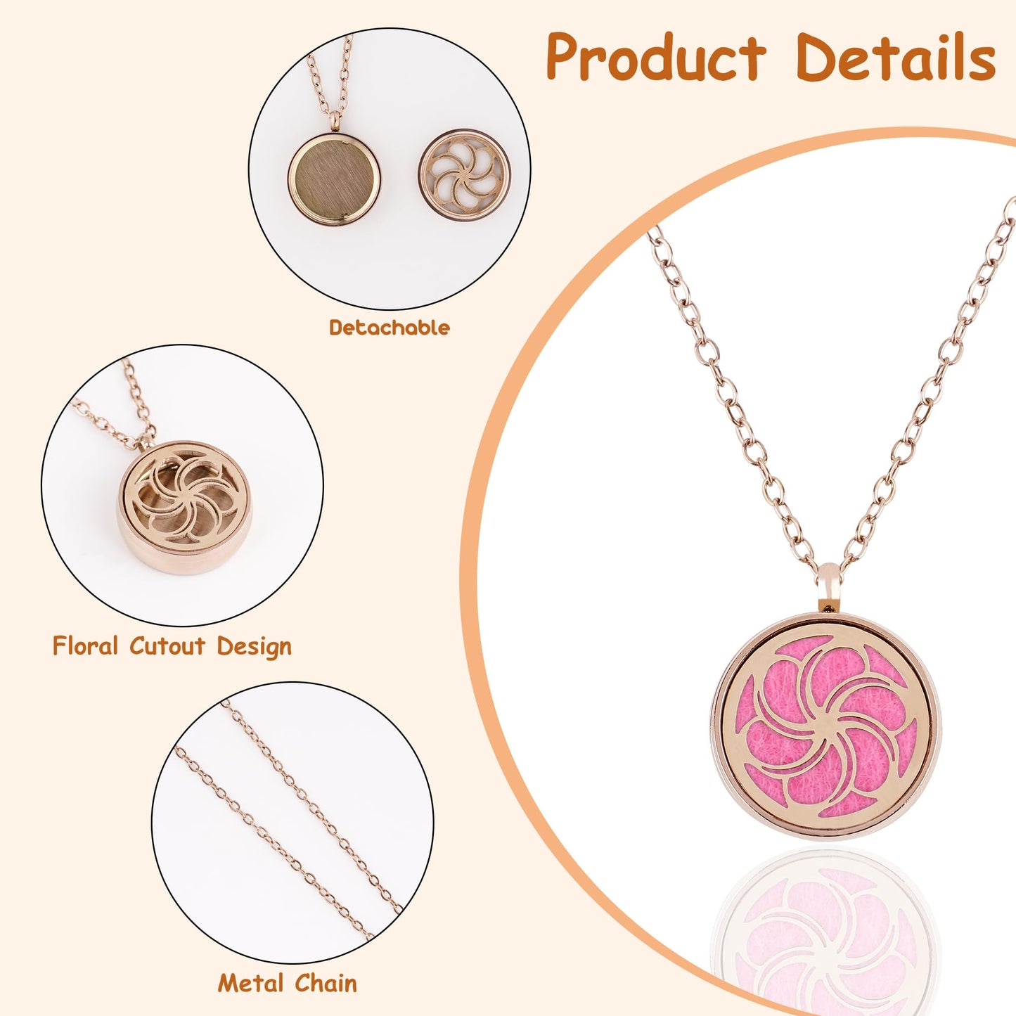Biiange Aromatherapy Diffuser Necklace with Bauhinia Locket | Essential Oil Necklace for Women – 20" Chain + 8 Refill Pads