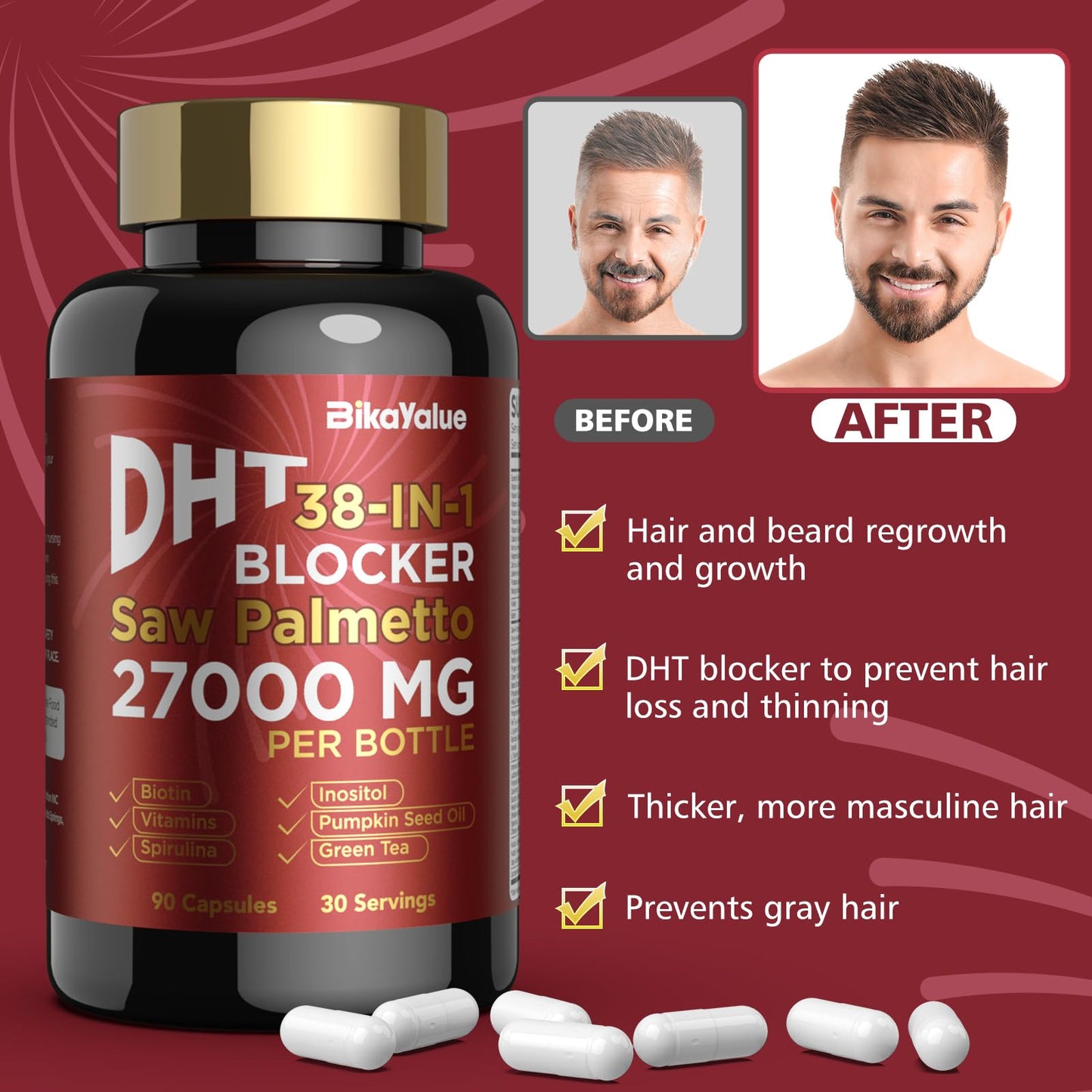 BIKAYALUE Saw Palmetto for Men – DHT Blocker with Biotin (10000 mcg) & 900 mg Saw Palmetto, 30 Servings