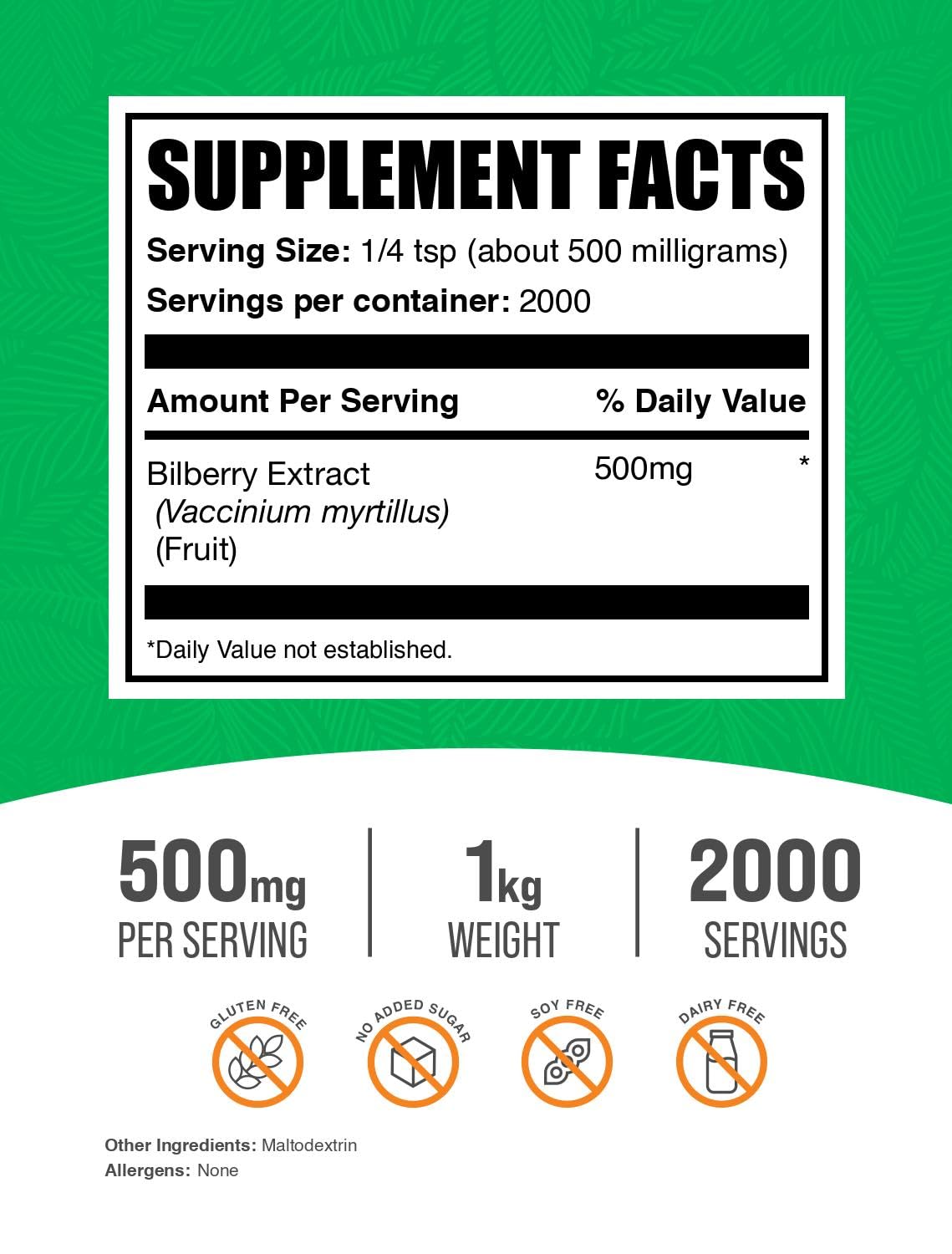 BulkSupplements Bilberry Extract Powder - 1kg, 500mg per Serving | Vegan & Gluten-Free