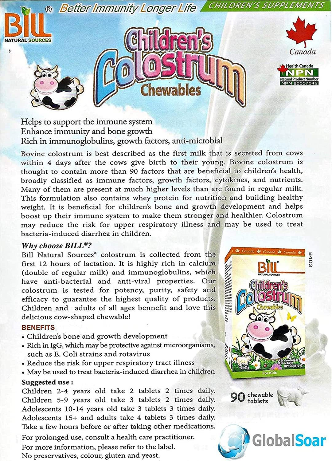 Bill Beauty Children's Colostrum Chewables, 90 Count – Immune Support