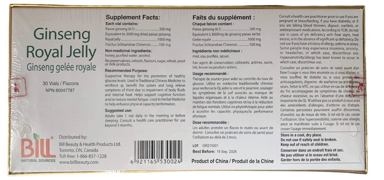 Bill Natural Sources Ginseng Royal Jelly 10ml x 30 Vials – Premium Ginseng + Royal Jelly