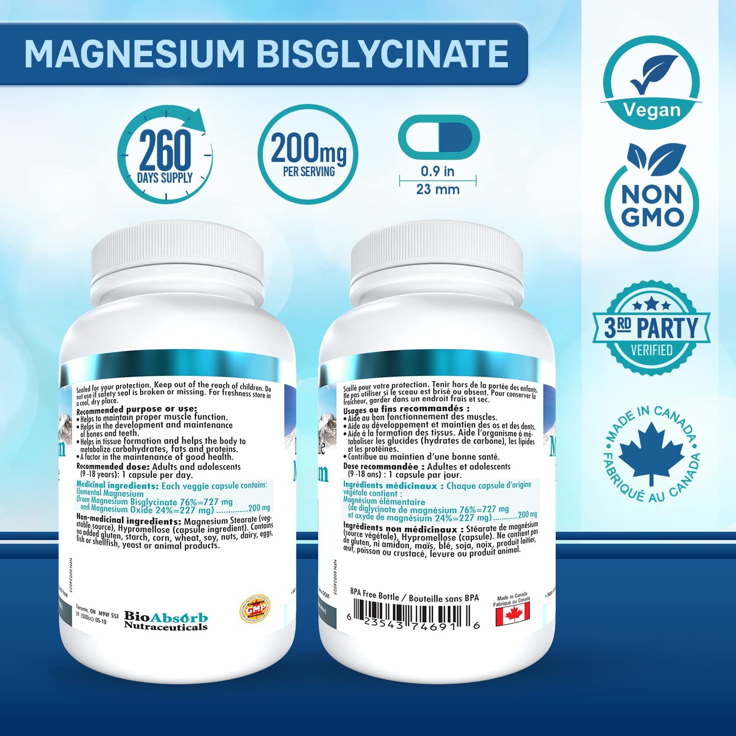 Bio Absorb Magnesium Glycinate/Bisglycinate – 200 mg Chelated Magnesium per Capsule | 260 Vegan Capsules