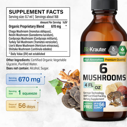 BIO KRAUTER 6 Mushrooms 6-in-1 Immunity Tincture - Lions Mane, Shiitake, Turkey Tail, Cordyceps, Reishi & Chaga | Vegan Drops 4 Fl Oz
