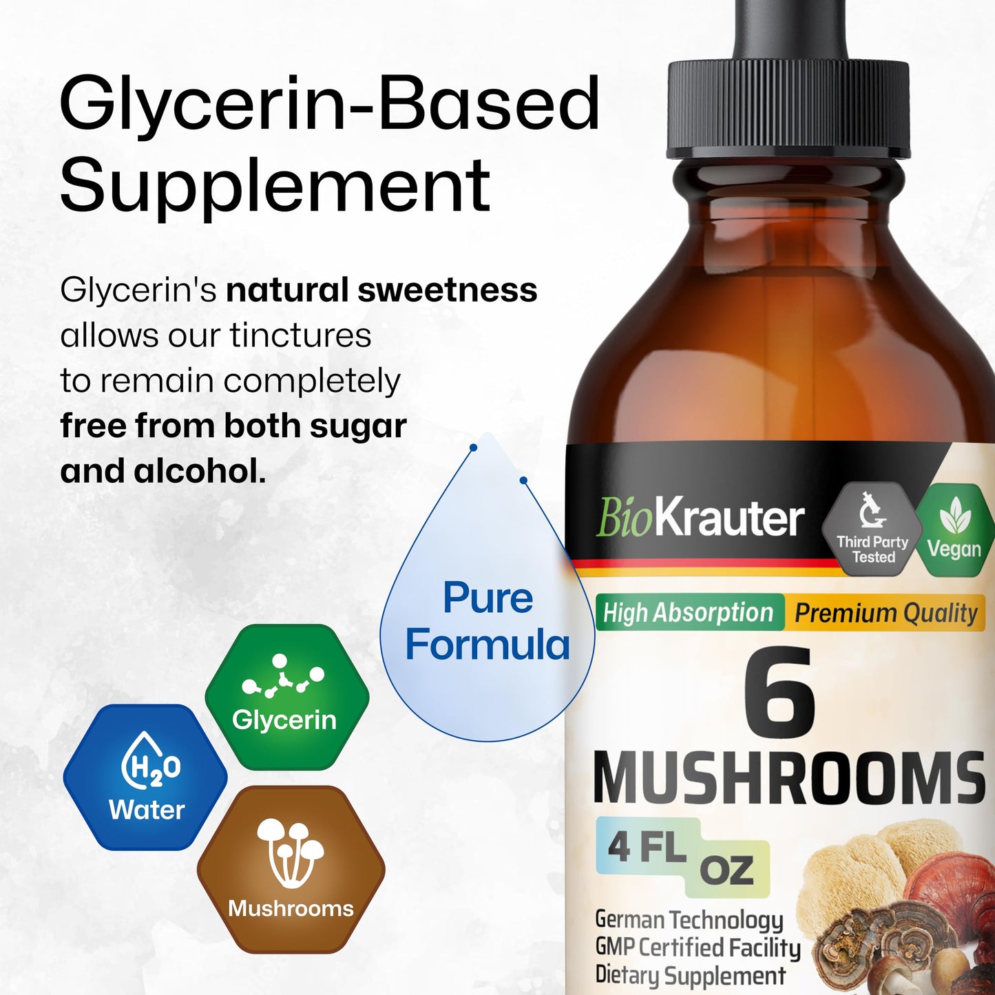 BIO KRAUTER 6 Mushrooms 6-in-1 Immunity Tincture - Lions Mane, Shiitake, Turkey Tail, Cordyceps, Reishi & Chaga | Vegan Drops 4 Fl Oz