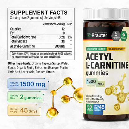 BIO KRAUTER Acetyl L-Carnitine Gummies 1500 mg - 90 Vegan Chews | Pack of 2