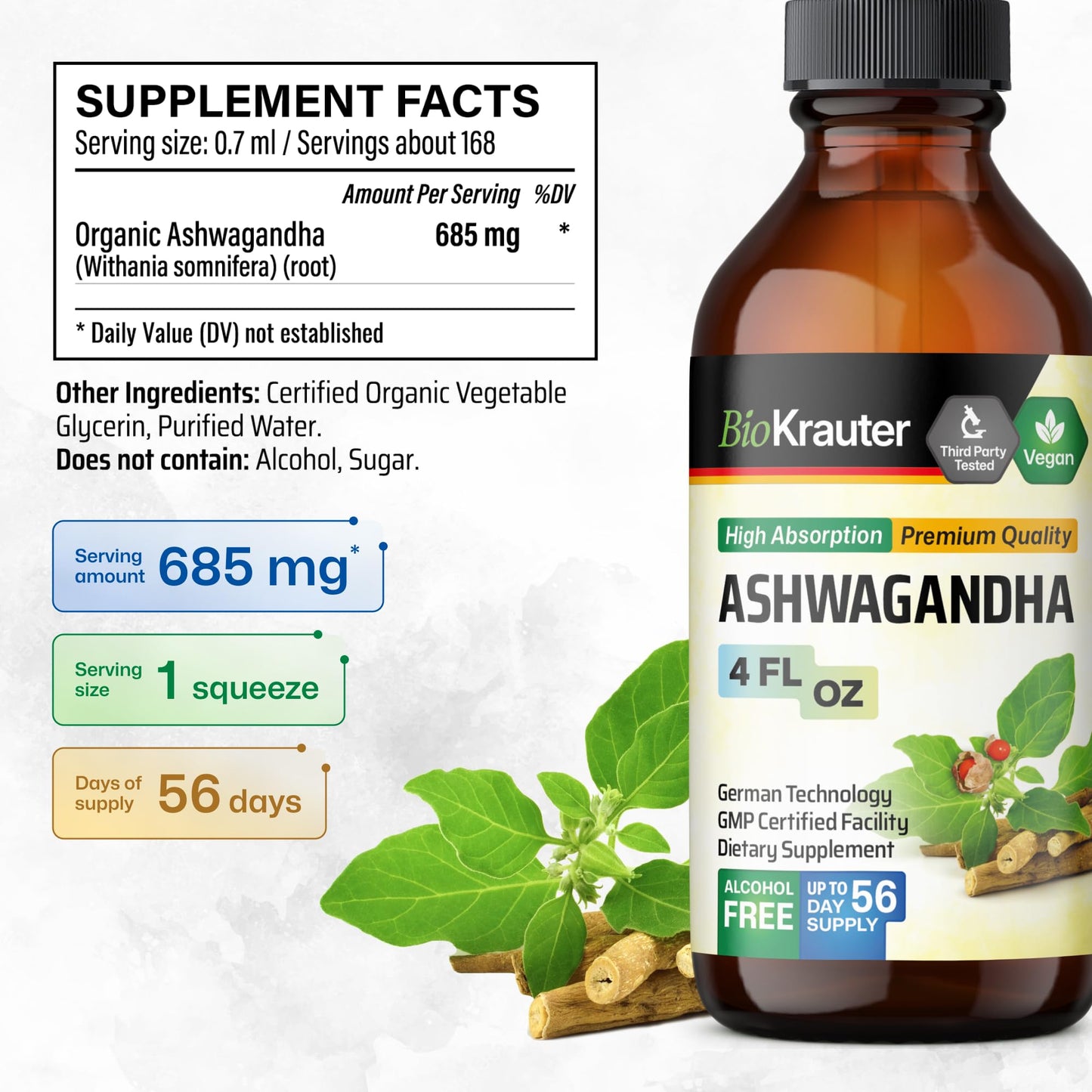 BIO KRAUTER Ashwagandha Liquid Drops – Calm Mood Support, Vegan, Alcohol & Sugar Free, 4 oz (Pack of 2)