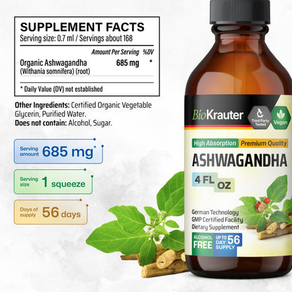 BIO KRAUTER Ashwagandha Liquid Drops – Calm Mood Support, Vegan, Alcohol & Sugar Free, 4 oz (Pack of 2)