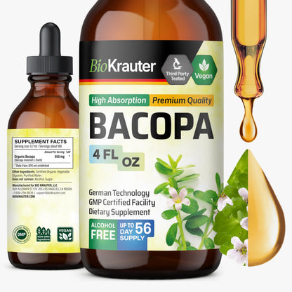 BIO KRAUTER Bacopa Monnieri Liquid – Brain Support Drops (Alcohol & Sugar Free) 4 Fl Oz