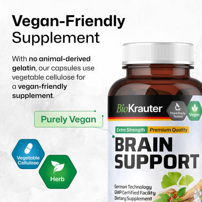 BIO KRAUTER Brain Support Supplement - 100 Count, 1300 mg - Vegan, No Fillers