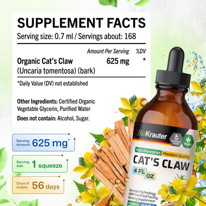 BIO KRAUTER Cat's Claw - Liquid Drops Pure Vegan Cat's Claw Herb Supplement 625 mg per Serving, 4 Fl Oz, 56-Day Supply