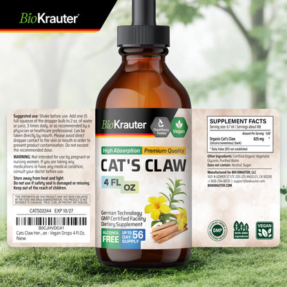 BIO KRAUTER Cat's Claw - Liquid Drops Pure Vegan Cat's Claw Herb Supplement 625 mg per Serving, 4 Fl Oz, 56-Day Supply