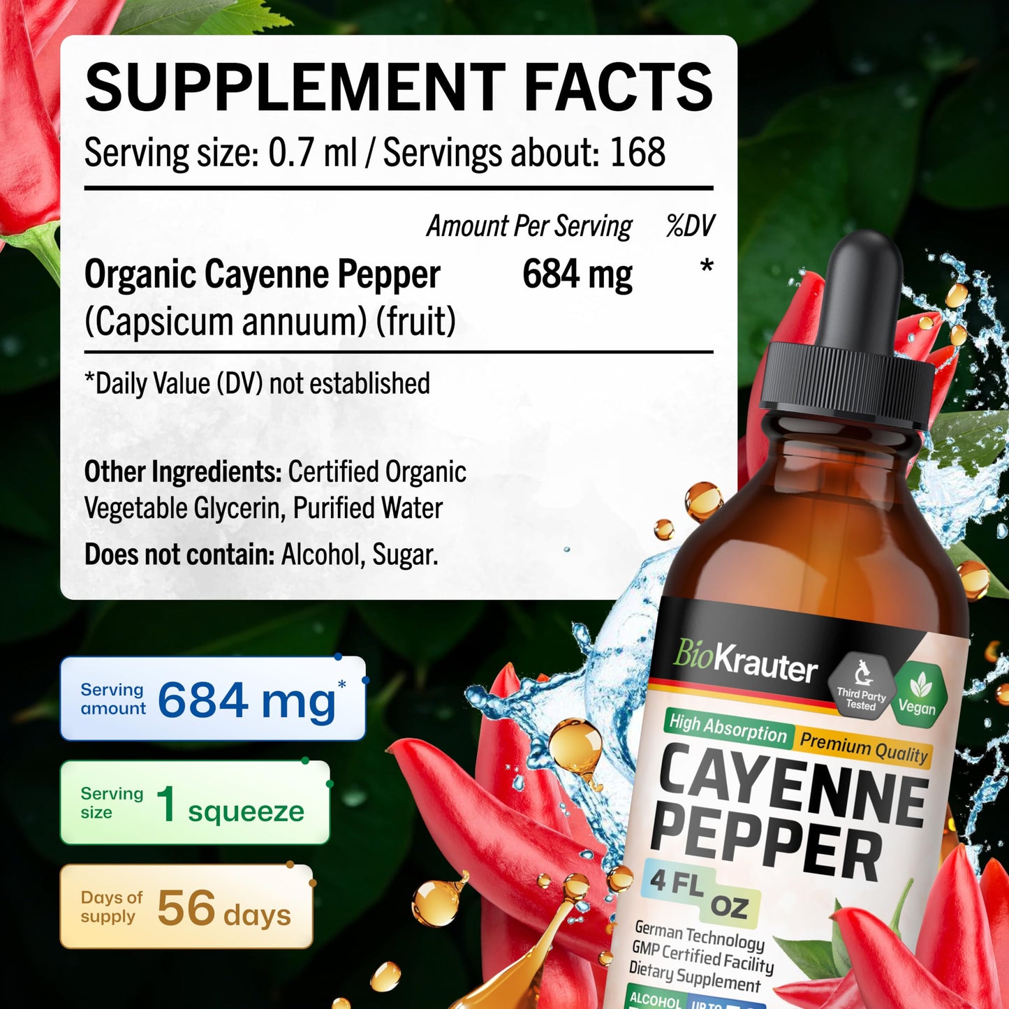 BIO KRAUTER Cayenne Pepper Drops 684 mg | Pure Vegan Capsaicin for Digestive Support | 56 Days of Supply