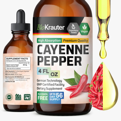 BIO KRAUTER Cayenne Pepper Drops 684 mg | Pure Vegan Capsaicin for Digestive Support | 56 Days of Supply