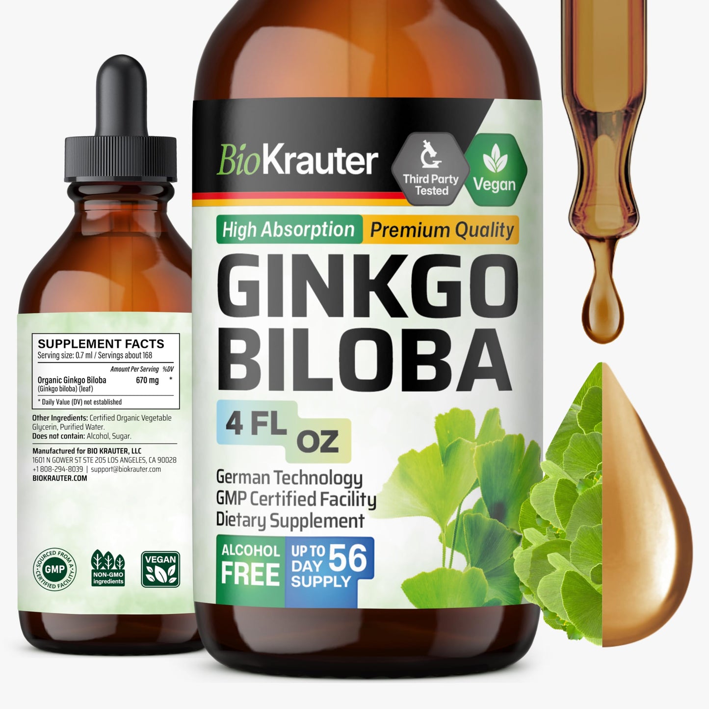 BIO KRAUTER Ginkgo Biloba Extract - Vegan Liquid Brain Support - 4 Fl Oz