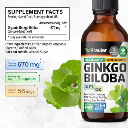 BIO KRAUTER Ginkgo Biloba Extract - Vegan Liquid Brain Support - 4 Fl Oz