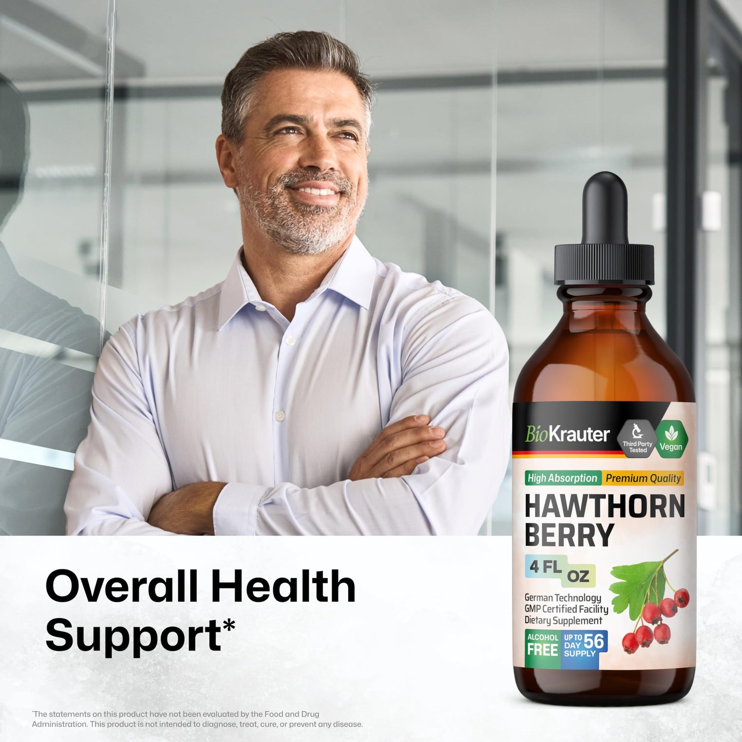 BIO KRAUTER Hawthorn Berry Liquid Drops - Vegan, Alcohol-Free, 655 mg per Serving
