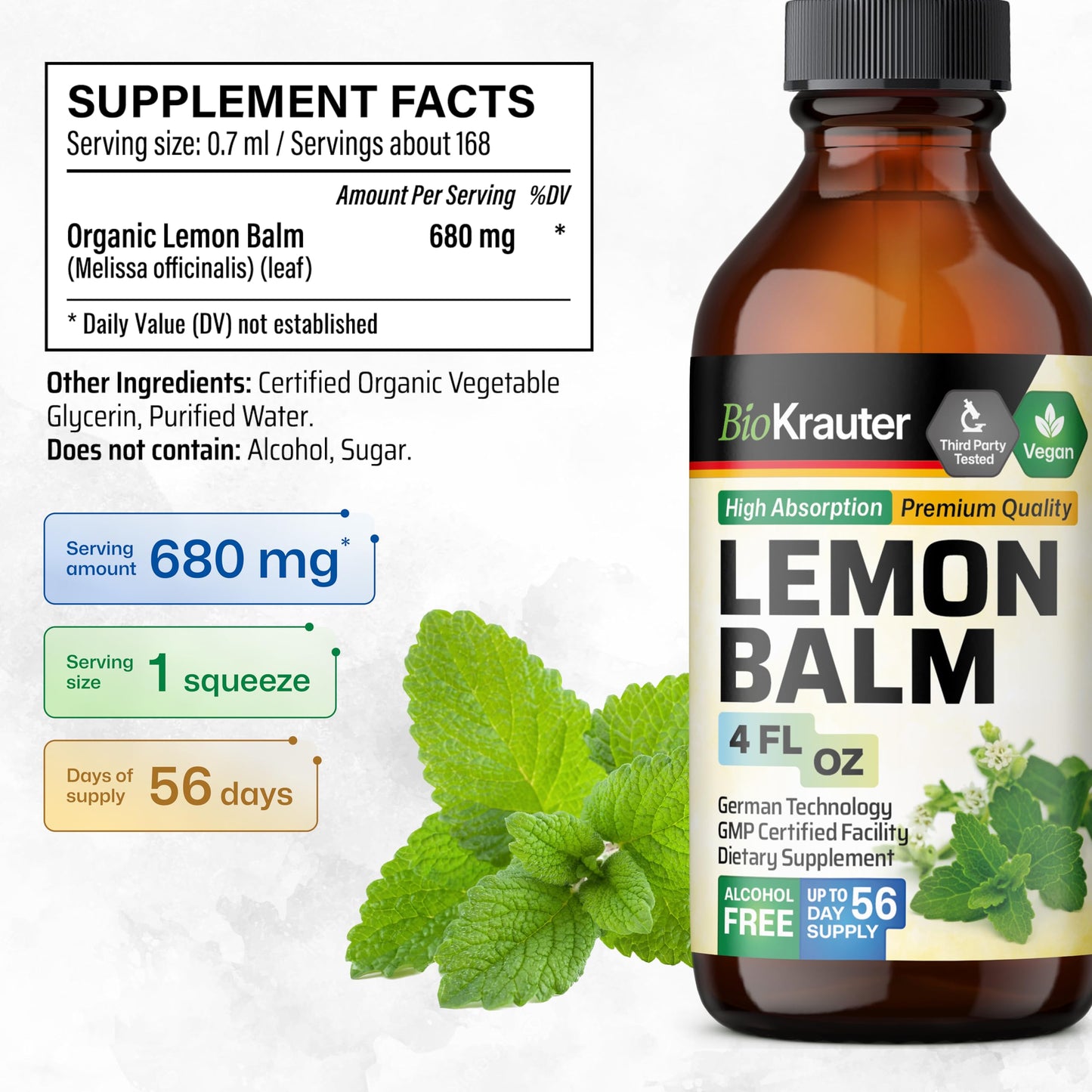 BIO KRAUTER Lemon Balm Tincture 680 mg – Vegan, Alcohol-Free Sleep Support