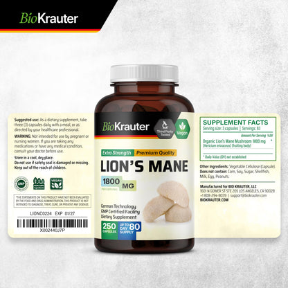 BIO KRAUTER Lions Mane 1800 mg Capsules – 250 Count – Vegan Brain Support