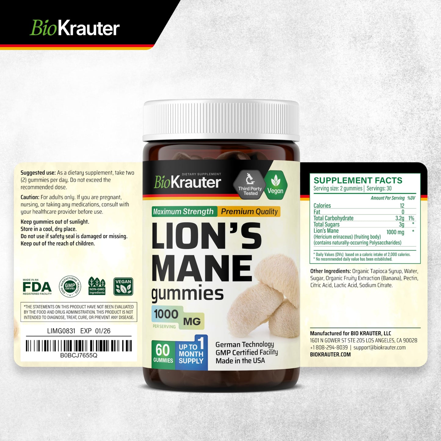 BIO KRAUTER Lions Mane Gummies for Adults - 1000 mg - Vegan, Gelatine-Free (Pack of 2)