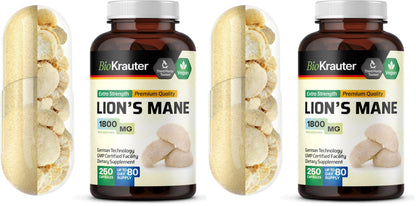 BIO KRAUTER Lions Mane 1800 mg Capsules – 250 Count – Vegan Brain Support