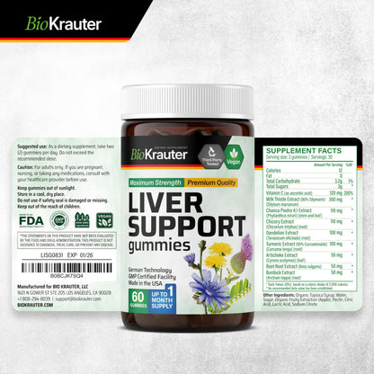 BIO KRAUTER Liver Supplement Gummies - 60 Vegan Chews w/Milk Thistle, Dandelion Root for Liver Cleanse & Detox - 80% Silymarin (Pack of 2)