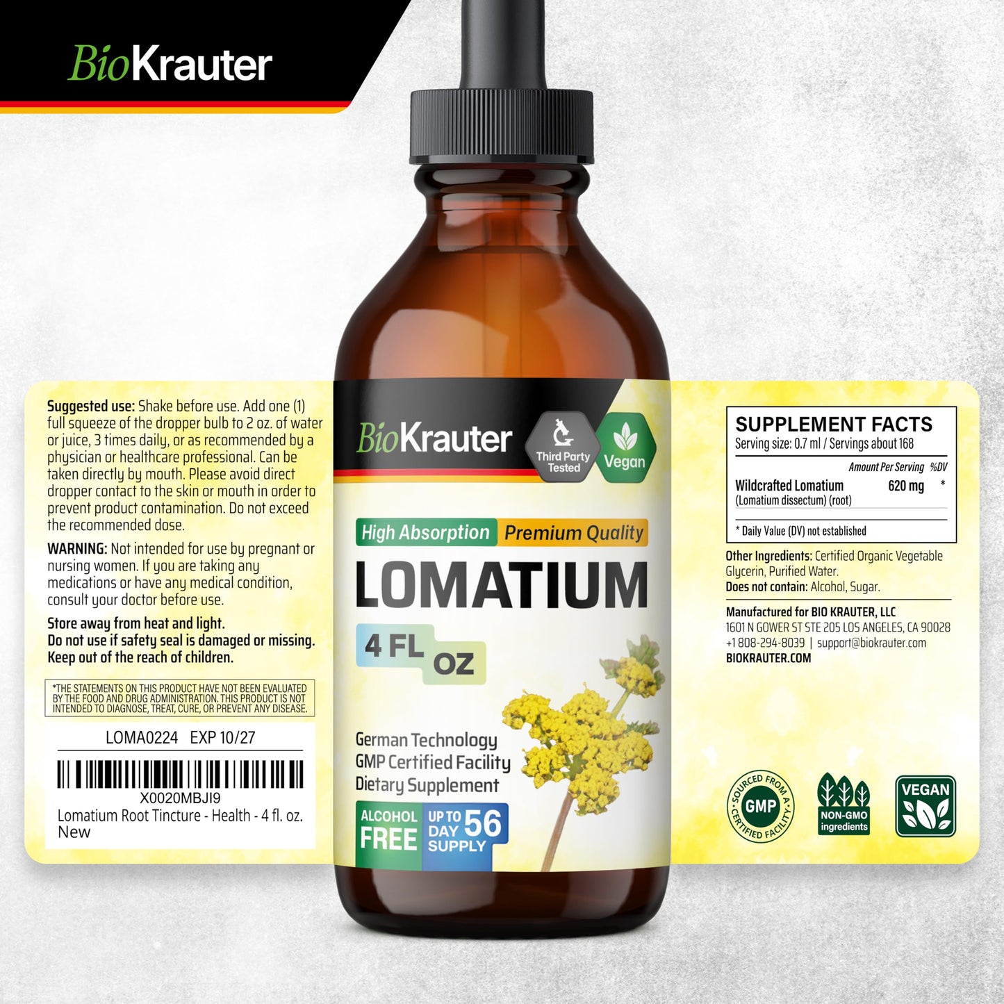 BIO KRAUTER Lomatium Tincture – Immune & Lung Support – Alcohol & Sugar Free Vegan Lomatium Root Tincture – 4 Fl Oz
