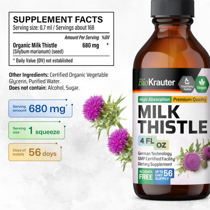 BIO KRAUTER® Milk Thistle Supplement – 680 mg/Serving, 4 Fl Oz, Vegan, Alcohol-Free, Liver Detox
