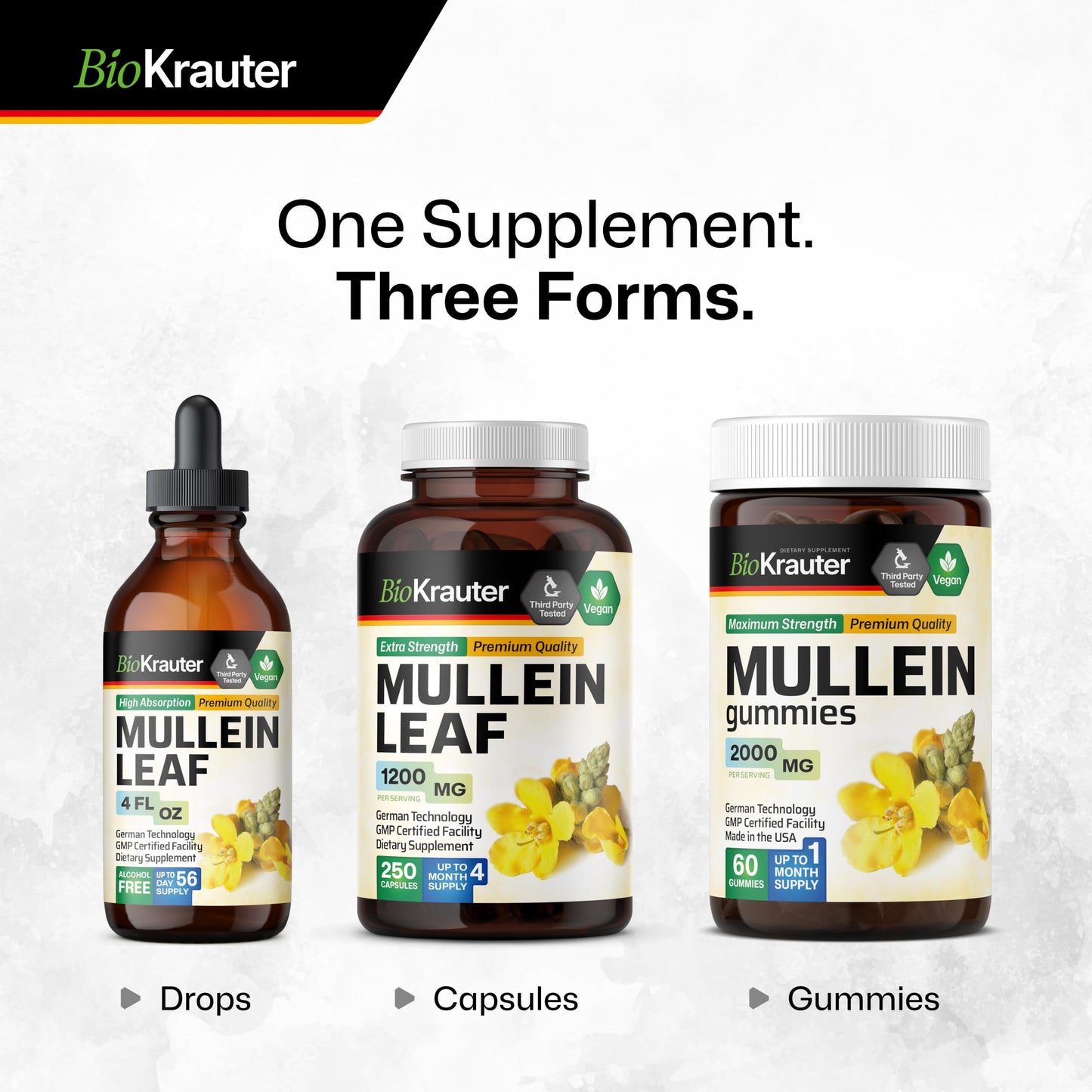 BIO KRAUTER Mullein Capsules 1200 mg - 250 Veg Capsules for Lungs